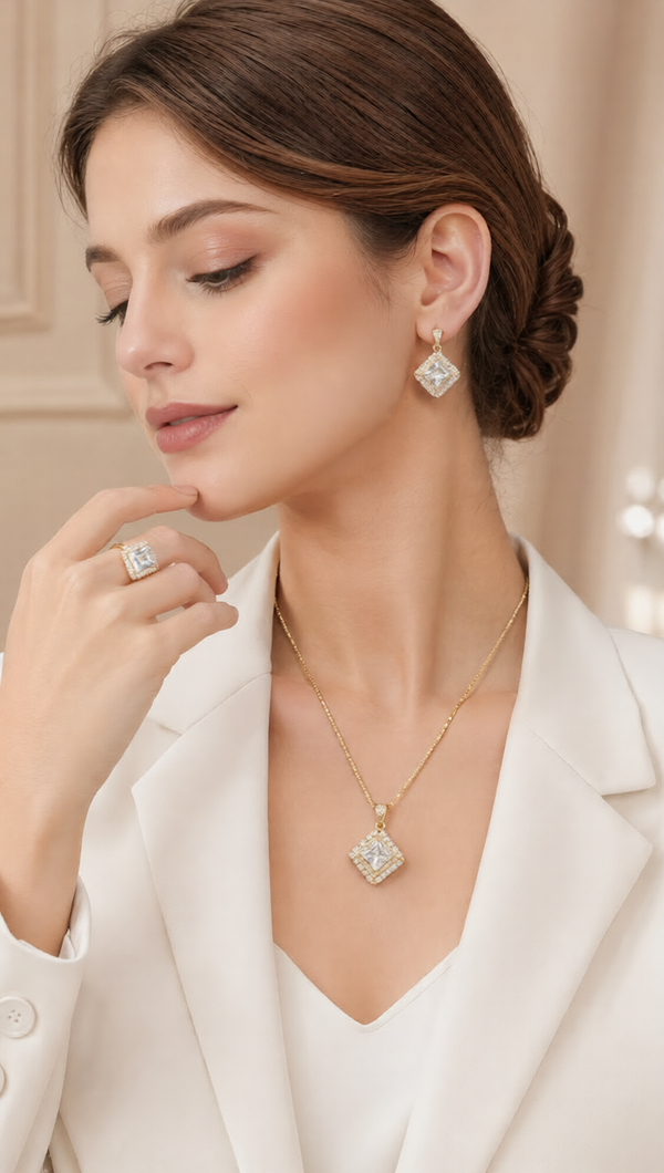 Royal Diamond Square Jewellery Set – Necklace, Earrings & Ring