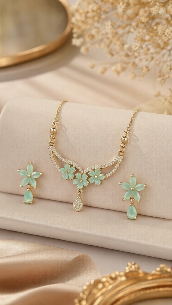 Mint Floral Elegance Necklace & Earrings Set