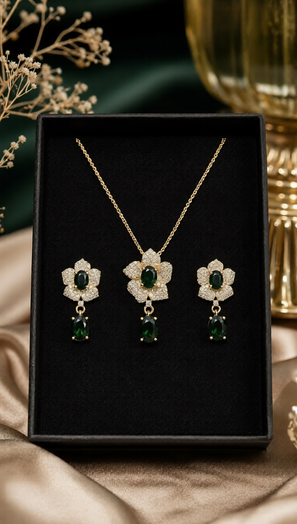 Emerald Blossom Gold Necklace & Earrings Set