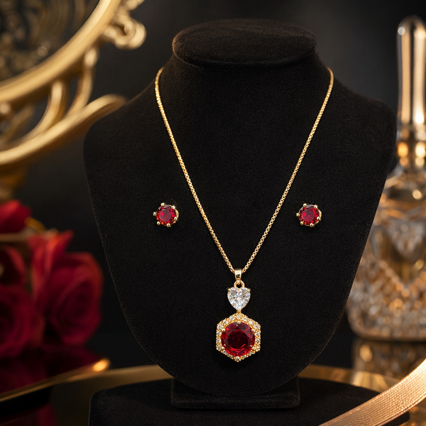 Luxury Red Ruby Heart Pendant Necklace & Earrings Set for Women