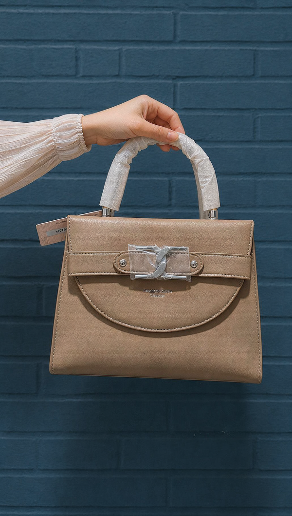 Women's Taupe Structured Top Handle Handbag