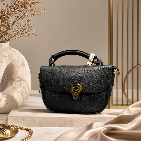 Women's Black Pebbled Leather Flap Satchel | Luxury Style Top Handle Mini Bag